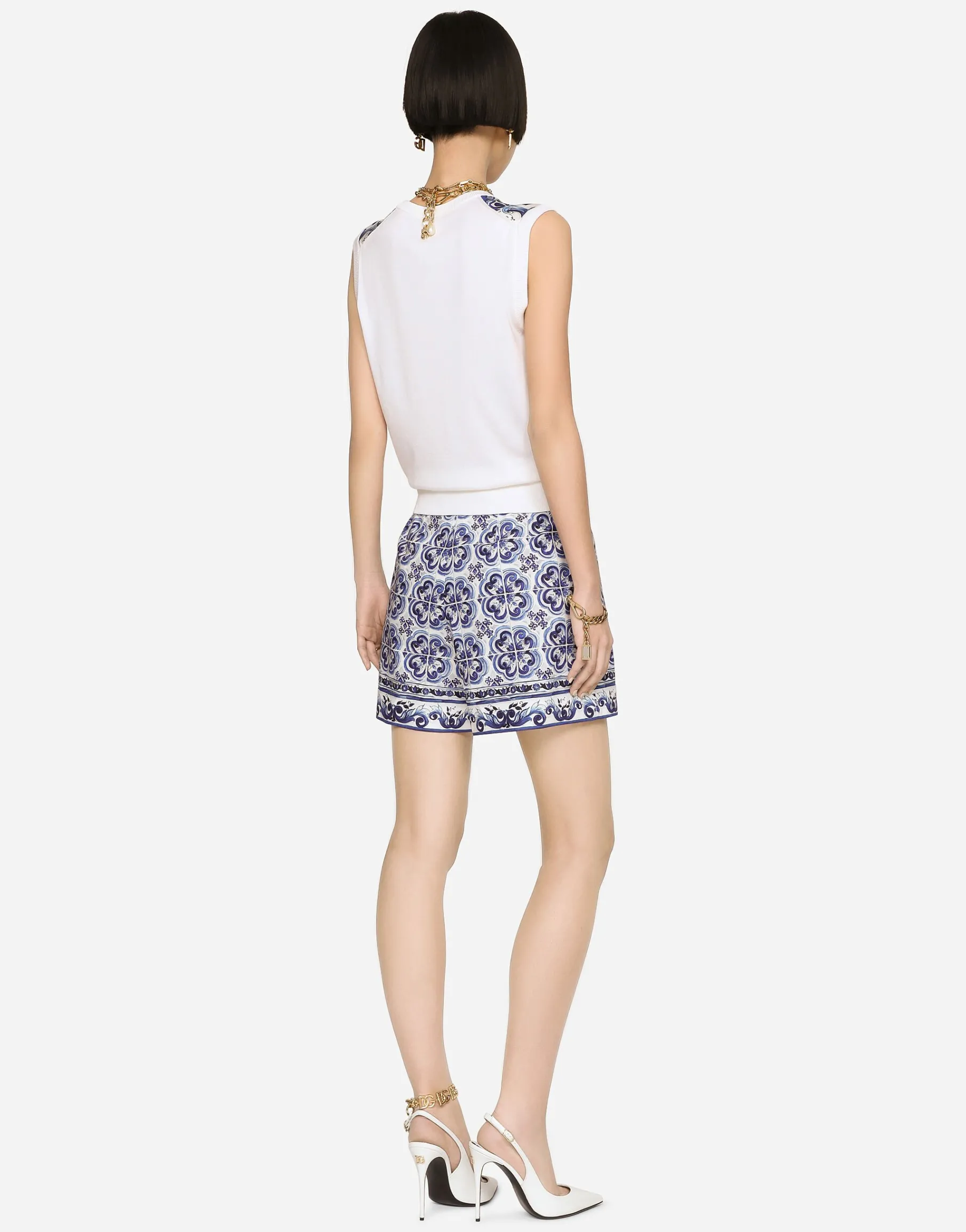 Sleeveless silk and twill sweater with majolica print