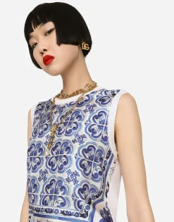 Sleeveless silk and twill sweater with majolica print