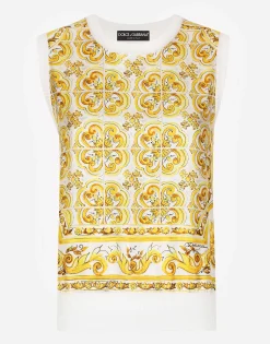 Sleeveless silk sweater with majolica-print silk twill panel on the front