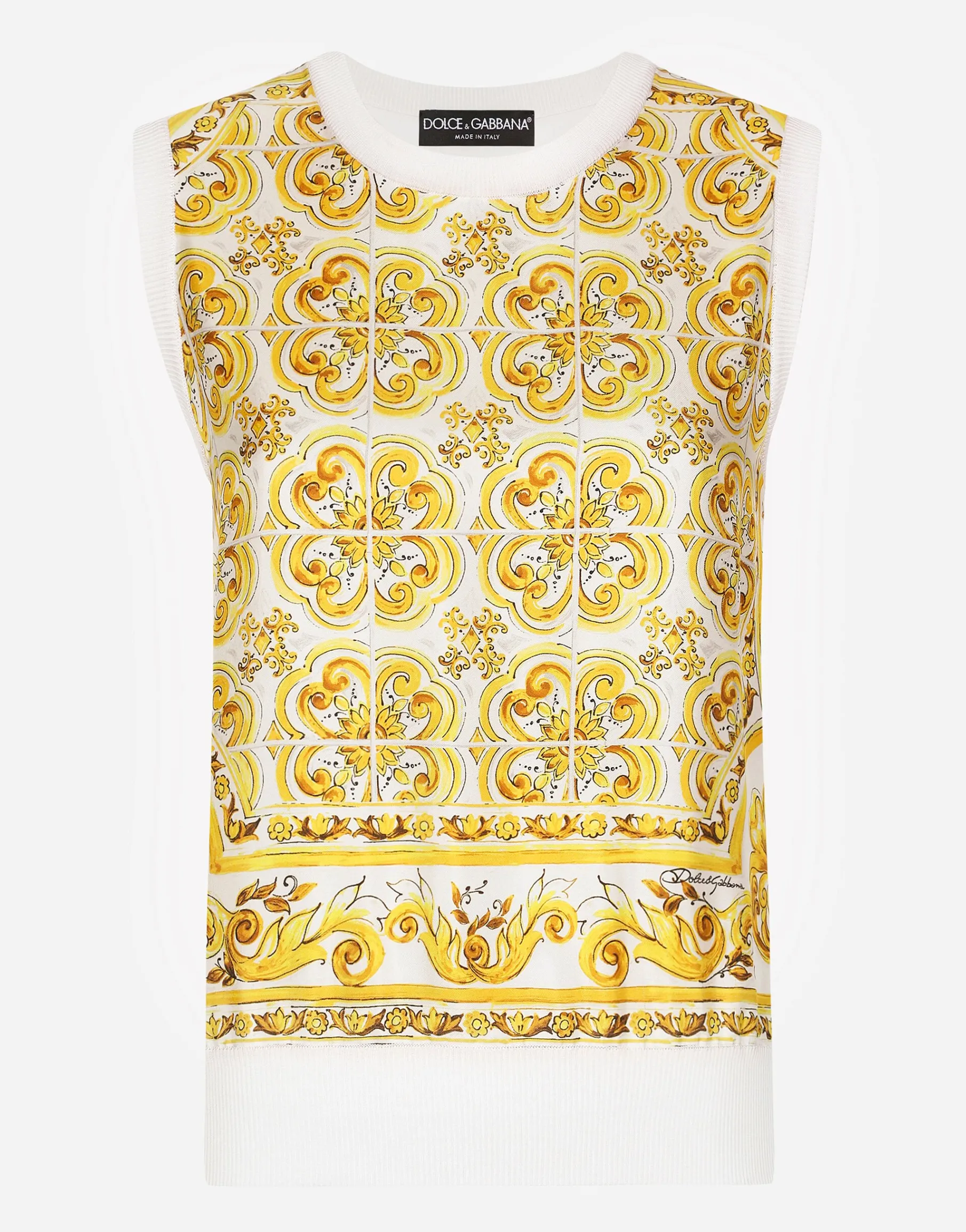 Sleeveless silk sweater with majolica-print silk twill panel on the front
