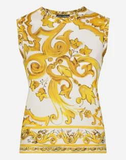 Sleeveless silk sweater with majolica print