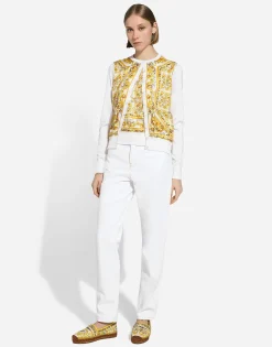 Sleeveless silk sweater with majolica-print silk twill panel on the front