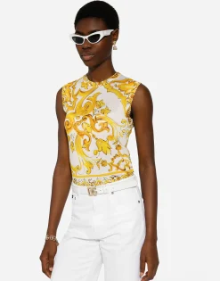 Sleeveless silk sweater with majolica print