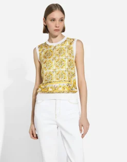 Sleeveless silk sweater with majolica-print silk twill panel on the front