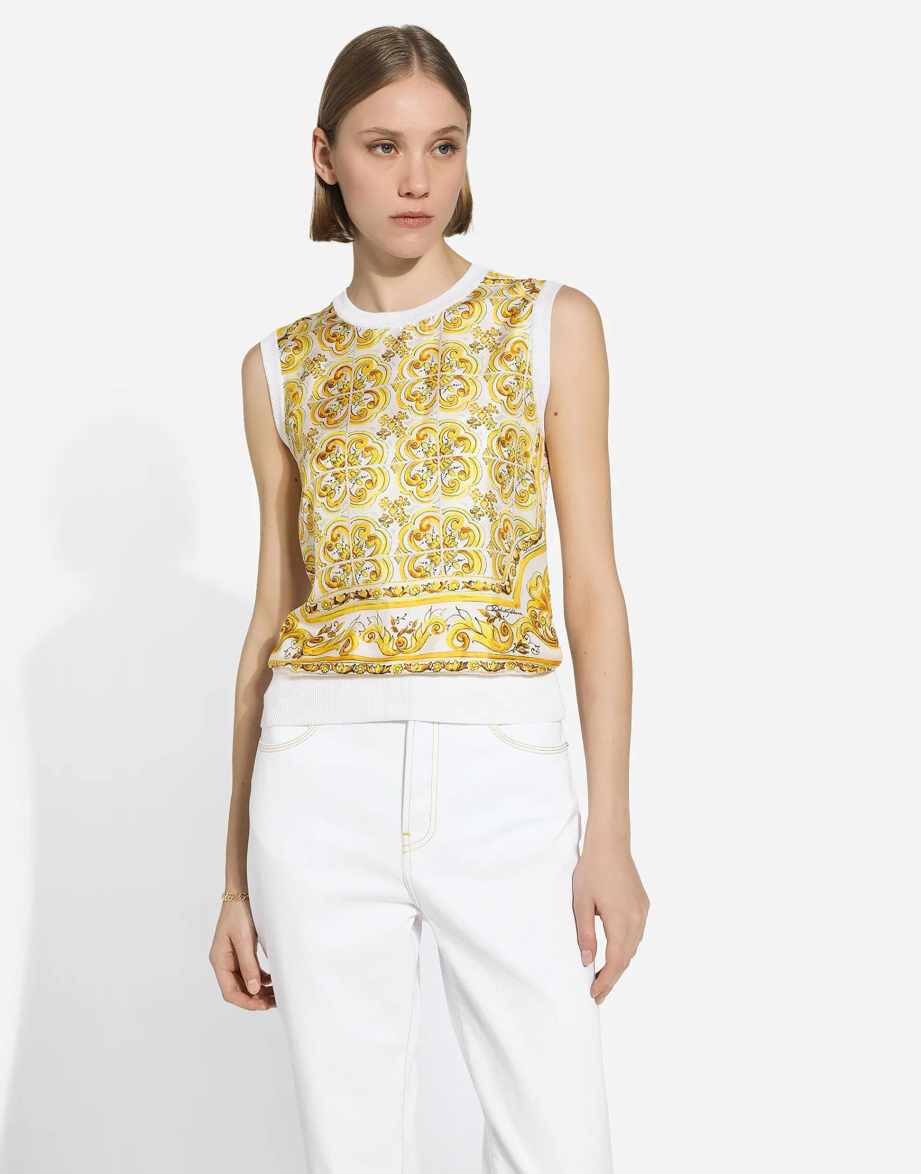 Sleeveless silk sweater with majolica-print silk twill panel on the front