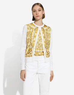 Sleeveless silk sweater with majolica-print silk twill panel on the front