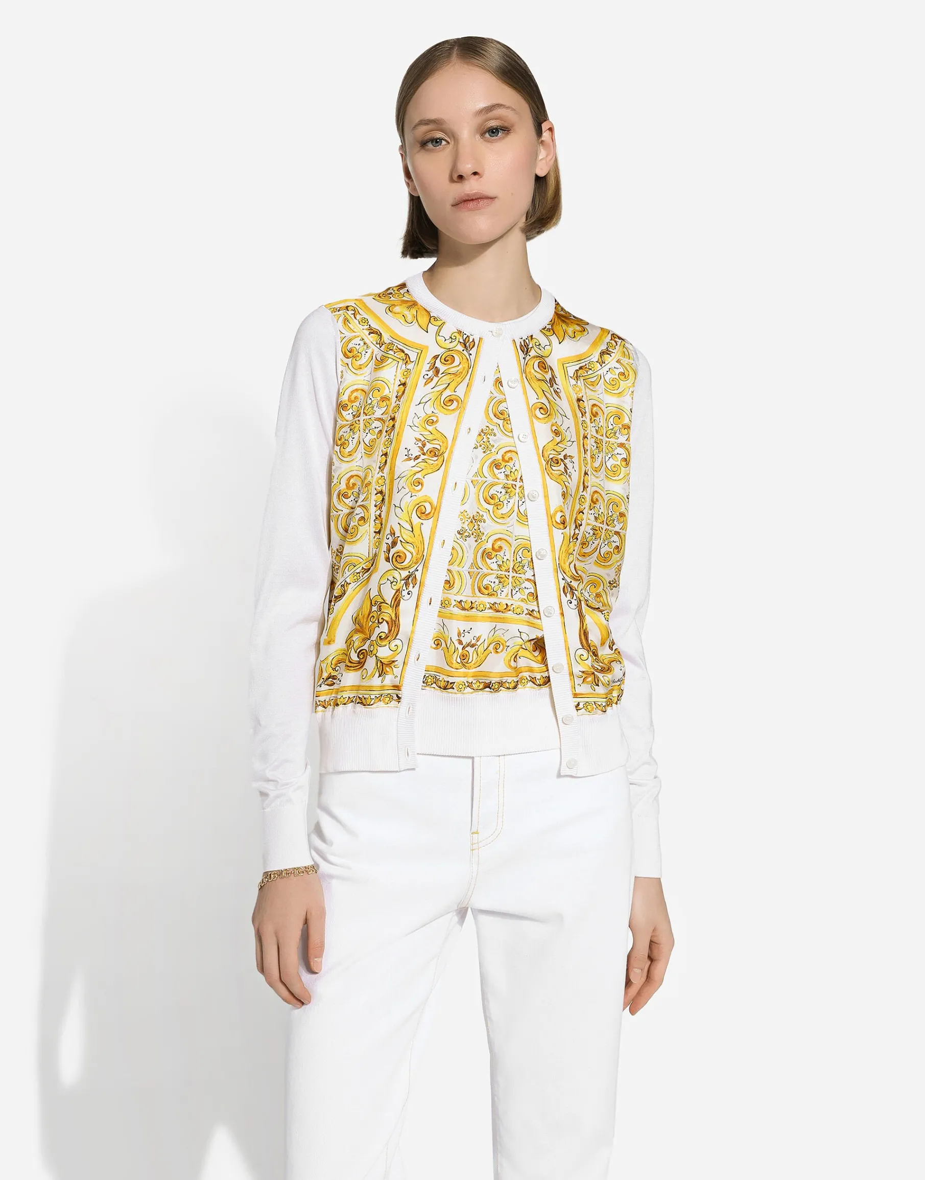 Sleeveless silk sweater with majolica-print silk twill panel on the front