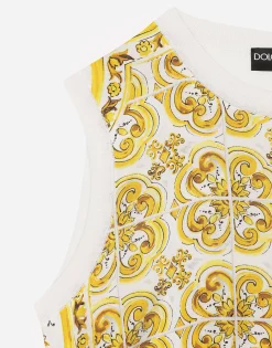 Sleeveless silk sweater with majolica-print silk twill panel on the front