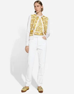Sleeveless silk sweater with majolica-print silk twill panel on the front