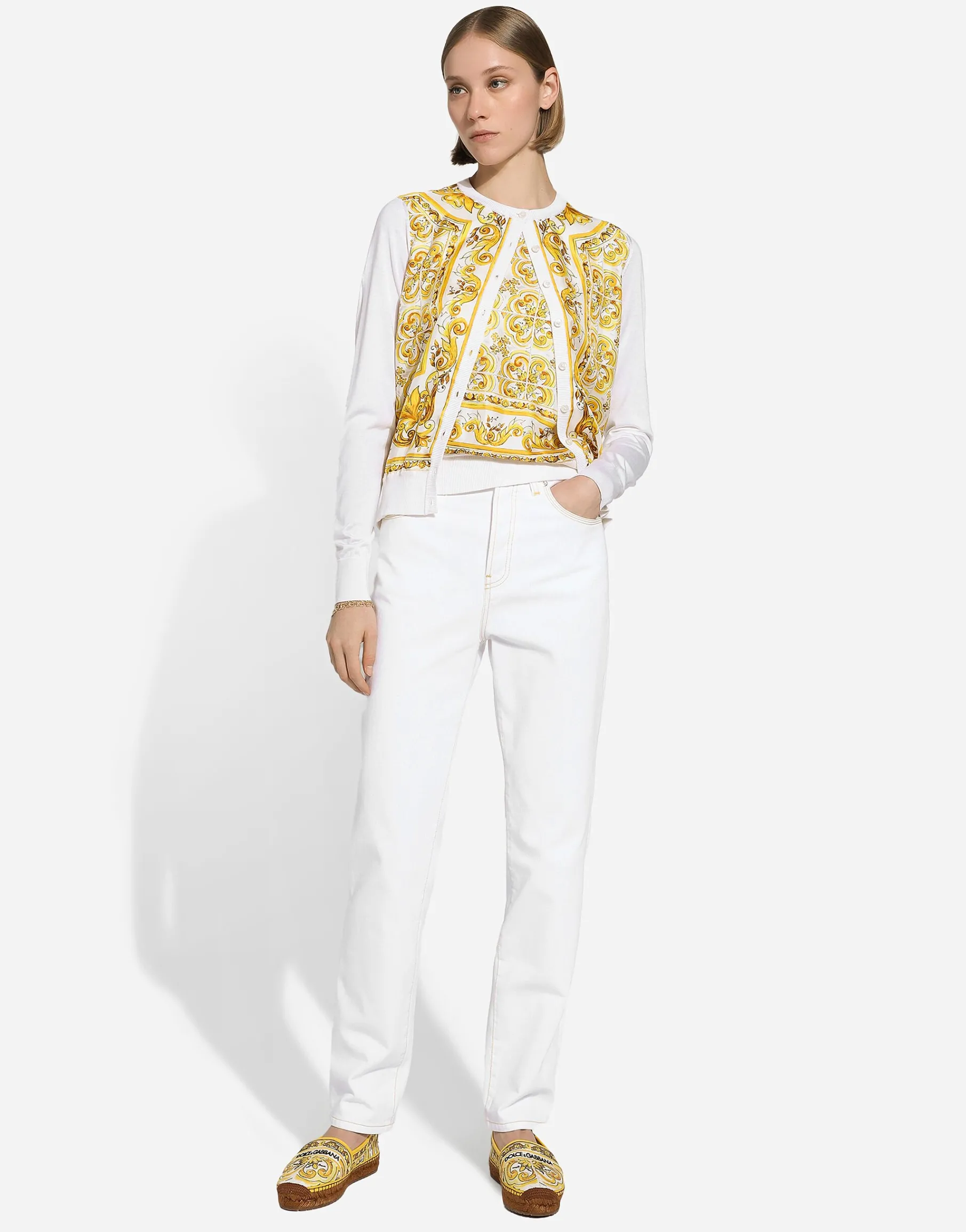 Sleeveless silk sweater with majolica-print silk twill panel on the front