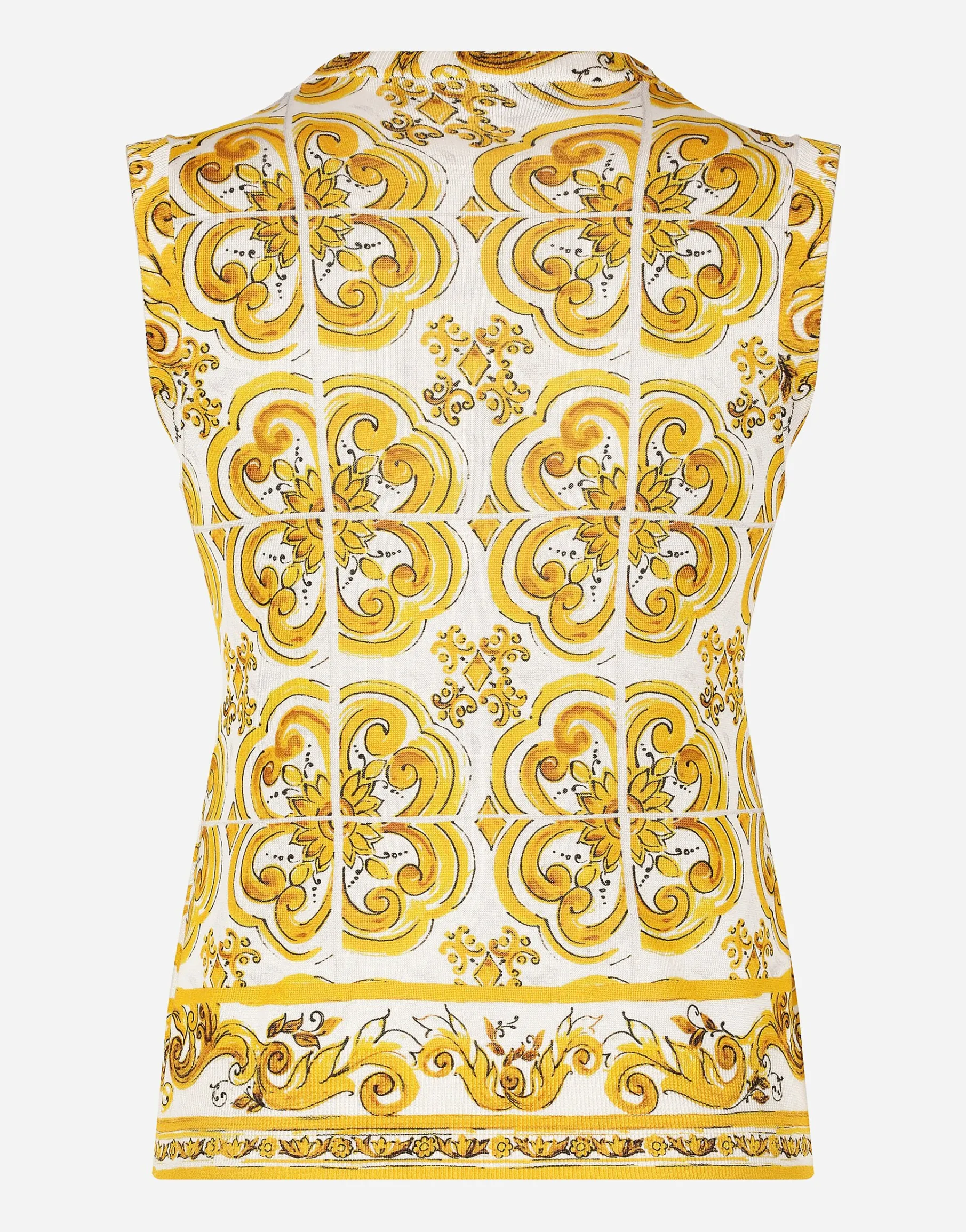 Sleeveless silk sweater with majolica print