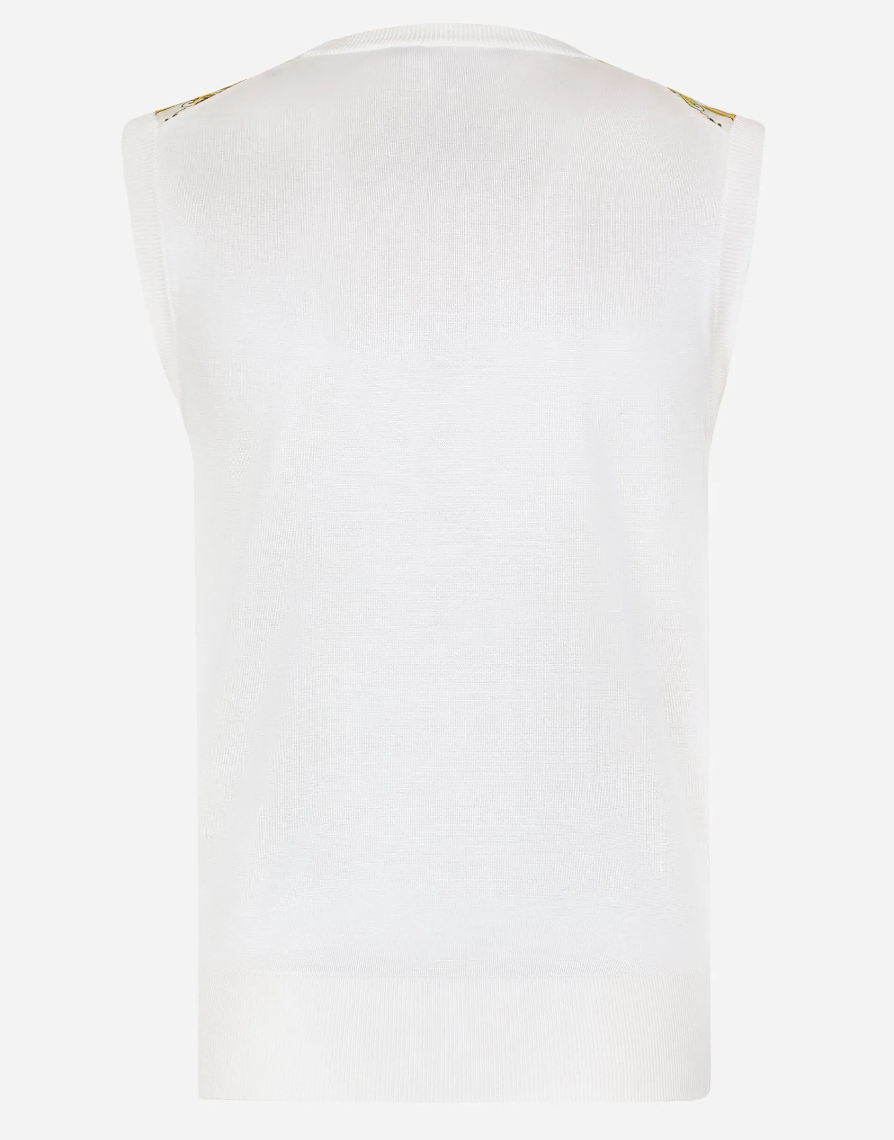 Sleeveless silk sweater with majolica-print silk twill panel on the front