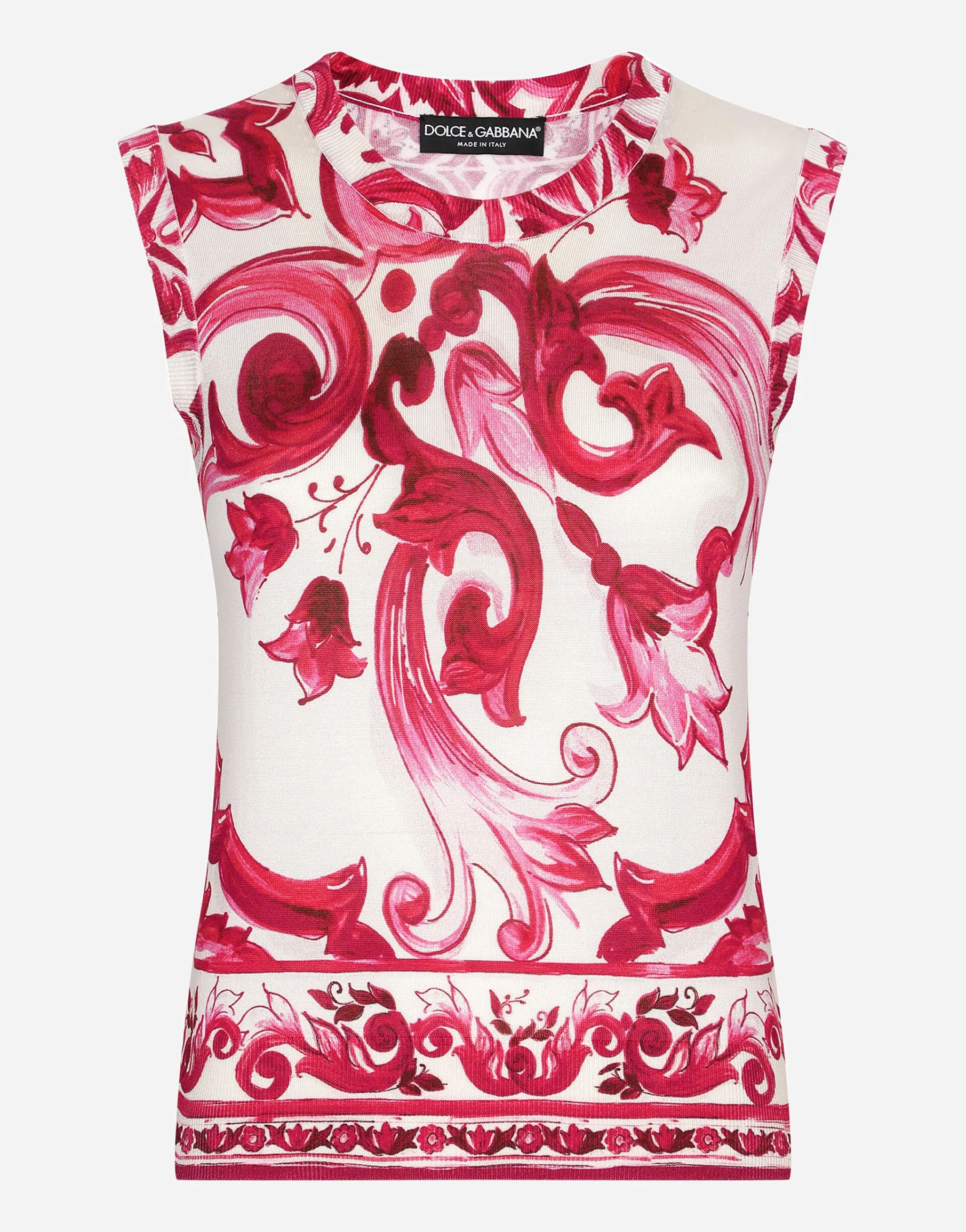 Sleeveless silk top with Majolica print