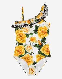 Spandex one-piece swimsuit with yellow rose print