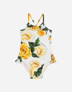 Spandex one-piece swimsuit with yellow rose print