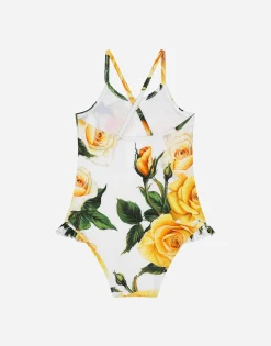 Spandex one-piece swimsuit with yellow rose print