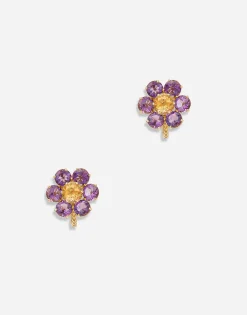 Spring earrings in yellow 18kt gold with amethyst flower motif