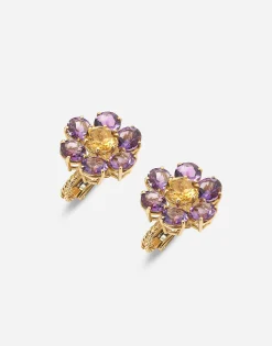 Spring earrings in yellow 18kt gold with amethyst flower motif