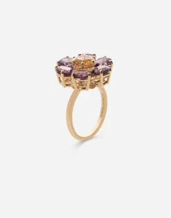 Spring ring in yellow 18kt gold with amethyst floral motif
