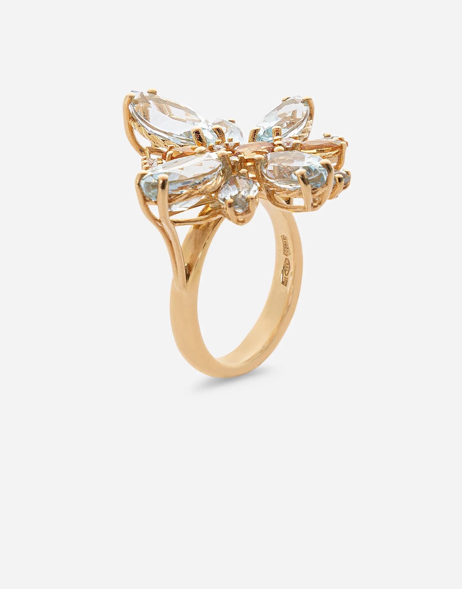 Spring ring in yellow 18kt gold with aquamarine butterfly