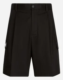 Stretch cotton gabardine cargo shorts with branded tag