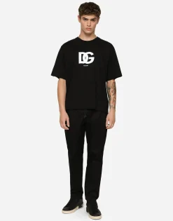 Stretch cotton jogging pants with plate