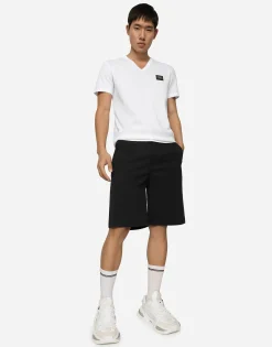 Stretch cotton shorts with branded tag