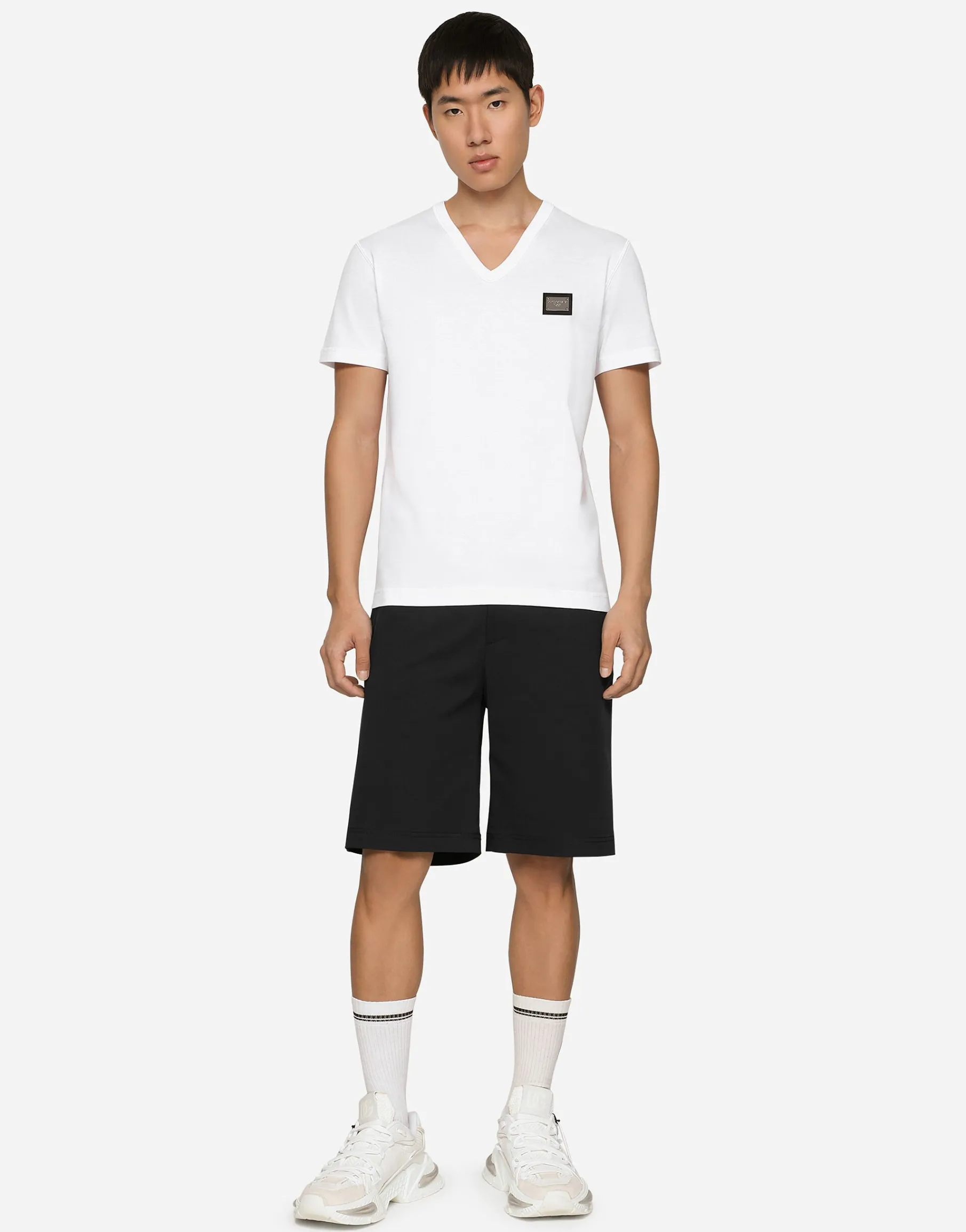 Stretch cotton shorts with branded tag