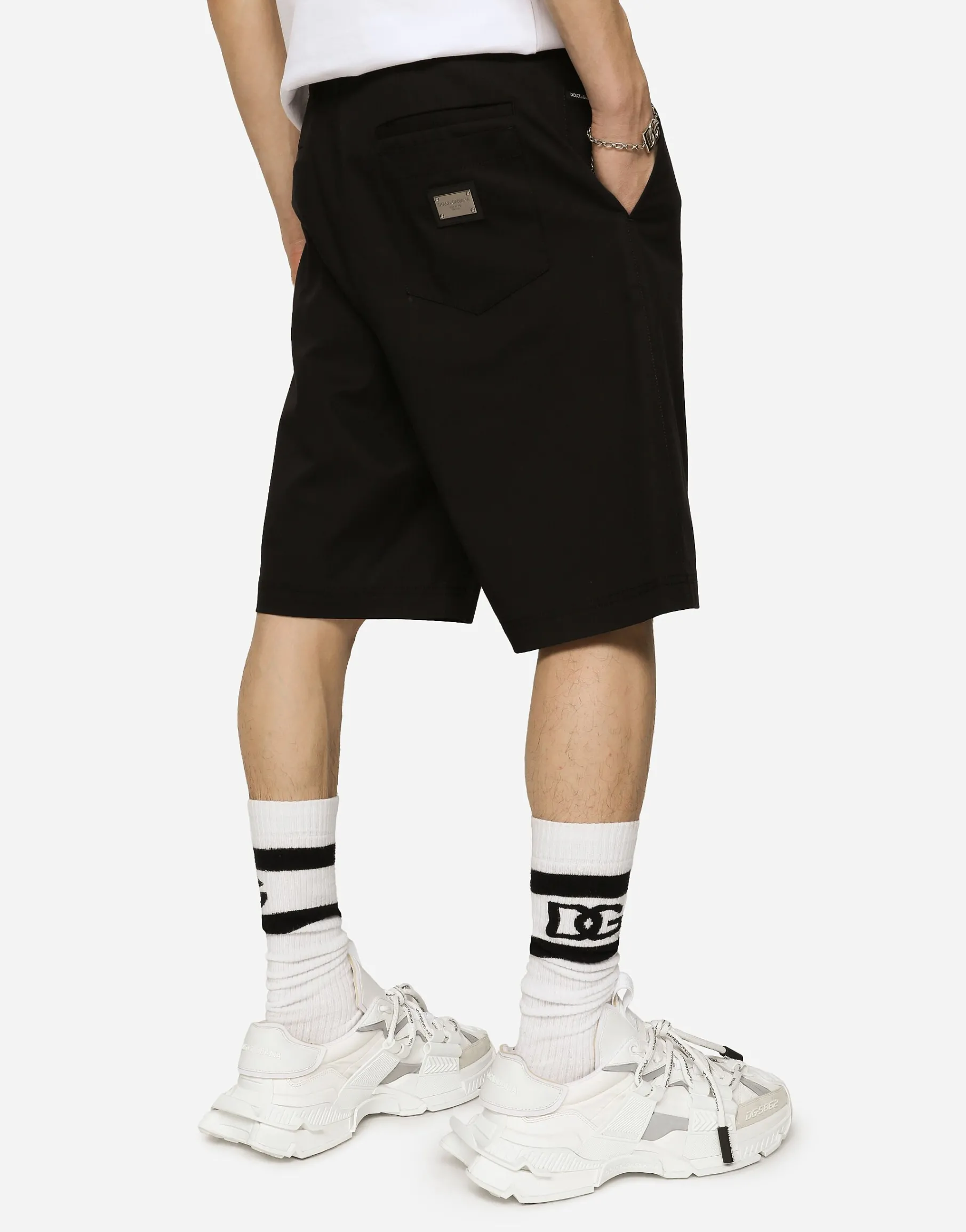 Stretch cotton shorts with branded tag
