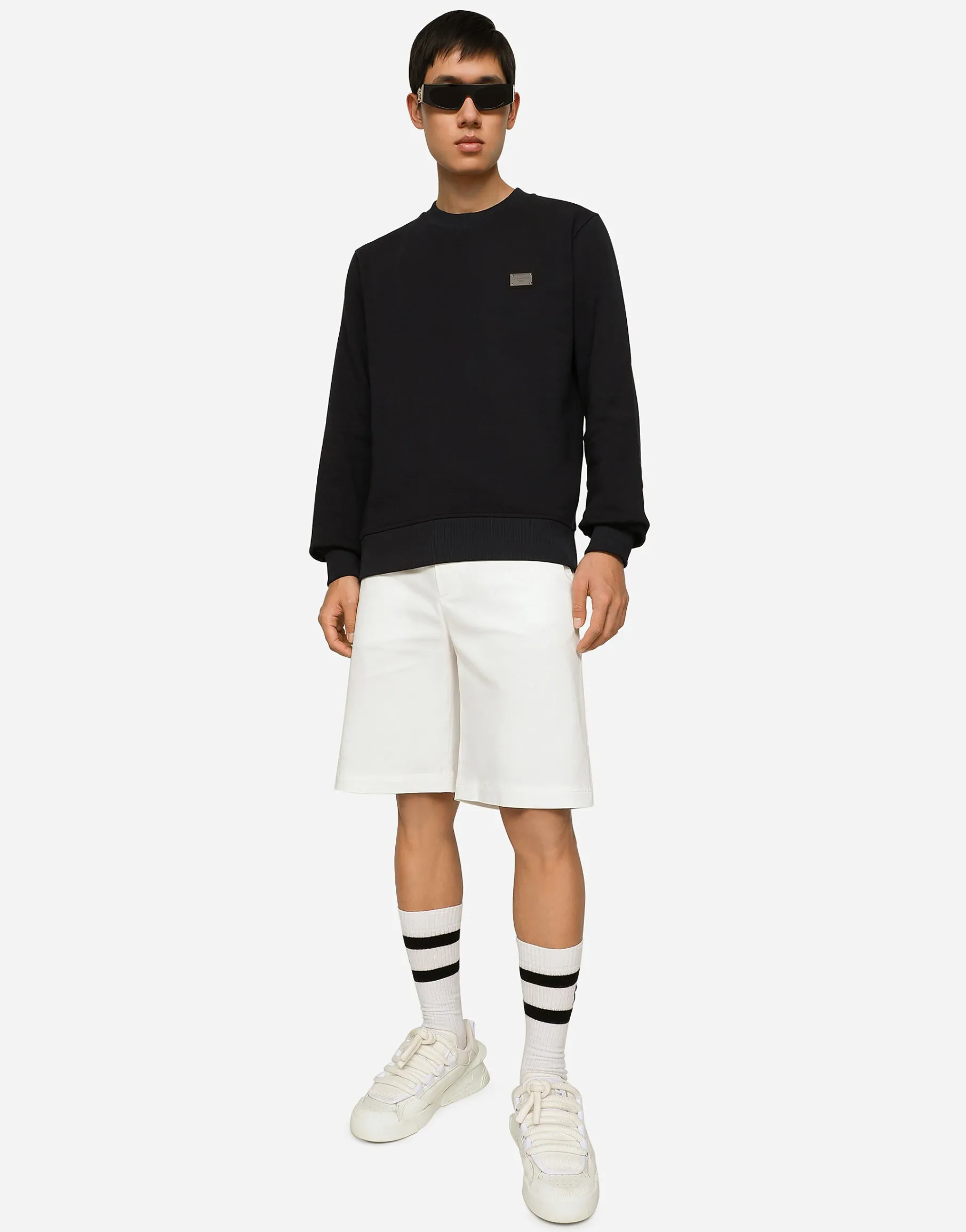 Stretch cotton shorts with branded tag