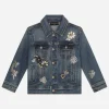 Stretch denim jacket with rhinestones and embroidery