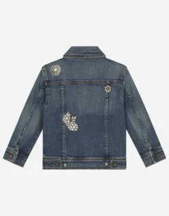 Stretch denim jacket with rhinestones and embroidery