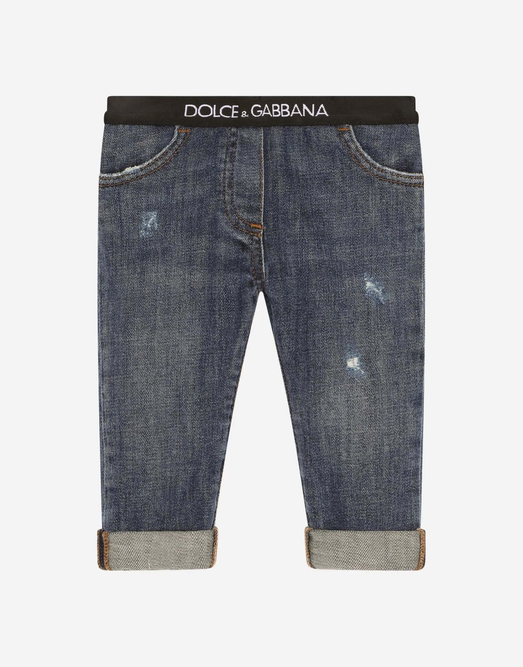 Stretch denim jeans with branded elastic