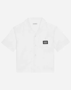 Stretch poplin shirt with logo tag