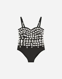 Stretch satin bodysuit with fusible rhinestones