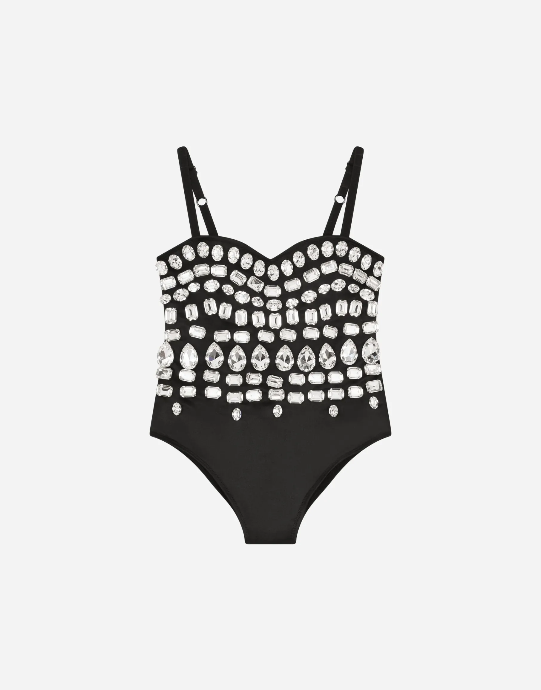 Stretch satin bodysuit with fusible rhinestones