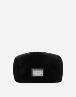 Stretch velvet flat cap with logo tag