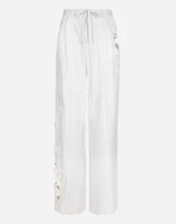 Striped poplin pants with embroidery