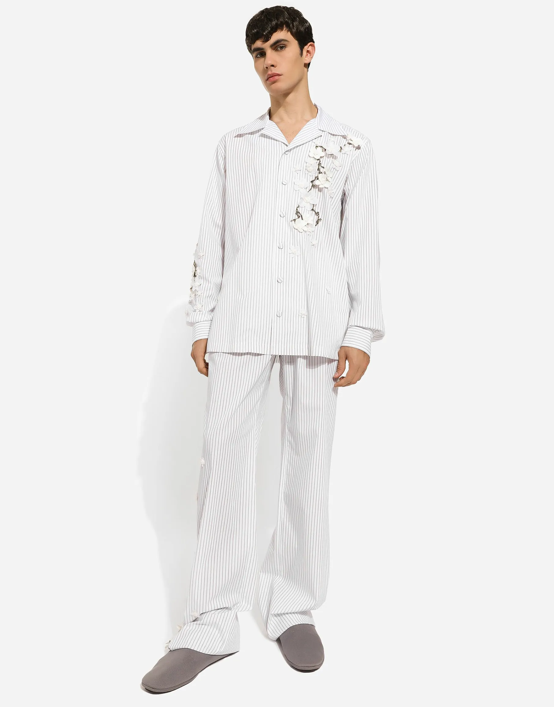 Striped poplin pants with embroidery