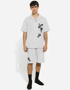 Striped poplin shorts with embroidery