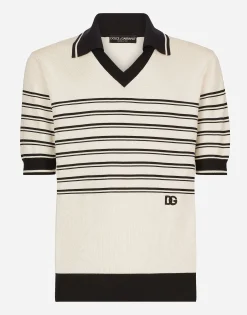 Striped silk V-neck polo-shirt with DG logo