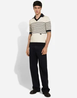 Striped silk V-neck polo-shirt with DG logo