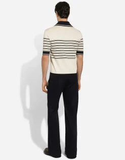 Striped silk V-neck polo-shirt with DG logo