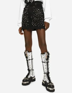 Studded denim miniskirt