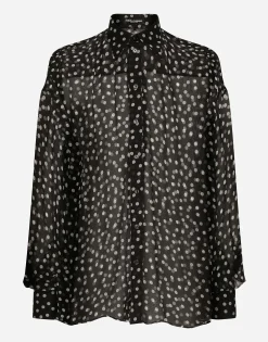 Super-oversize silk chiffon shirt with polka-dot print