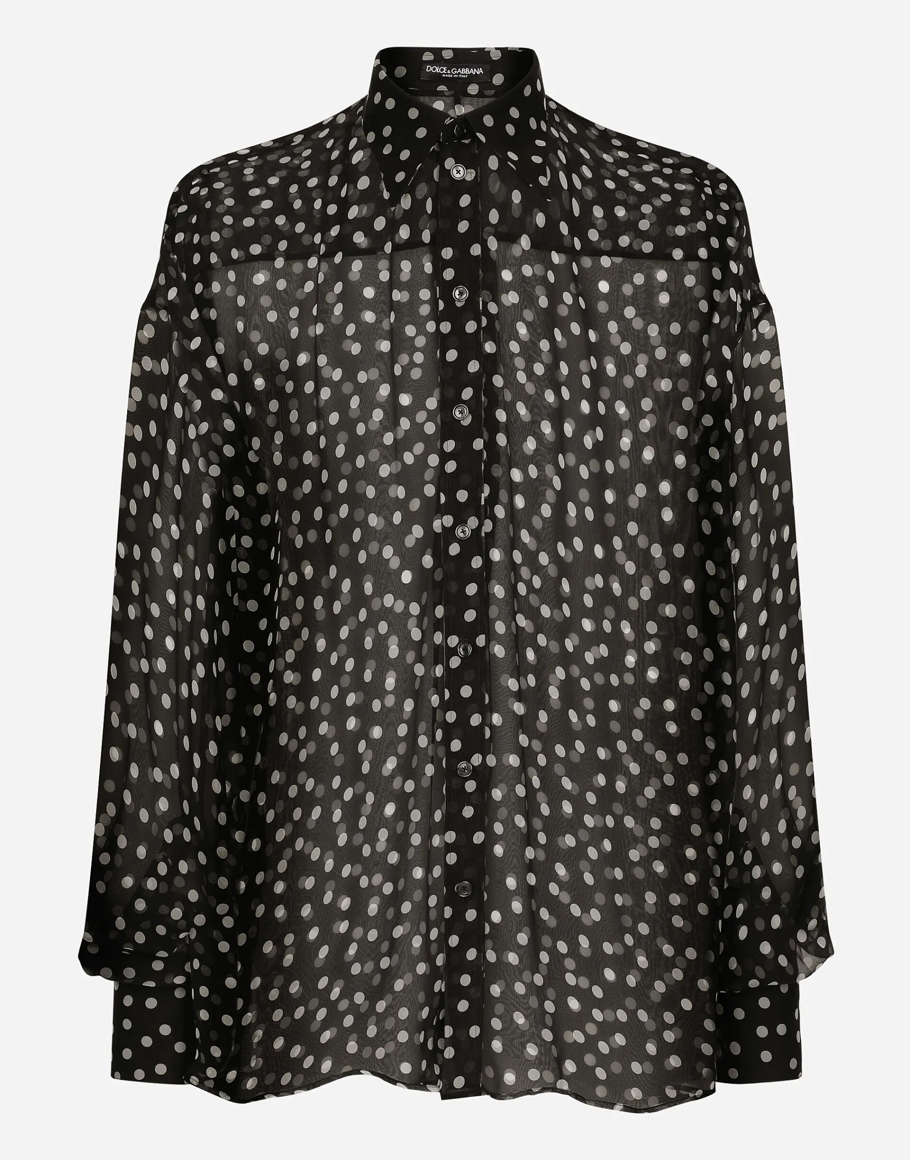 Super-oversize silk chiffon shirt with polka-dot print