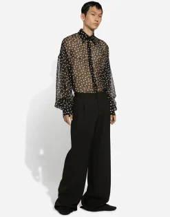 Super-oversize silk chiffon shirt with polka-dot print