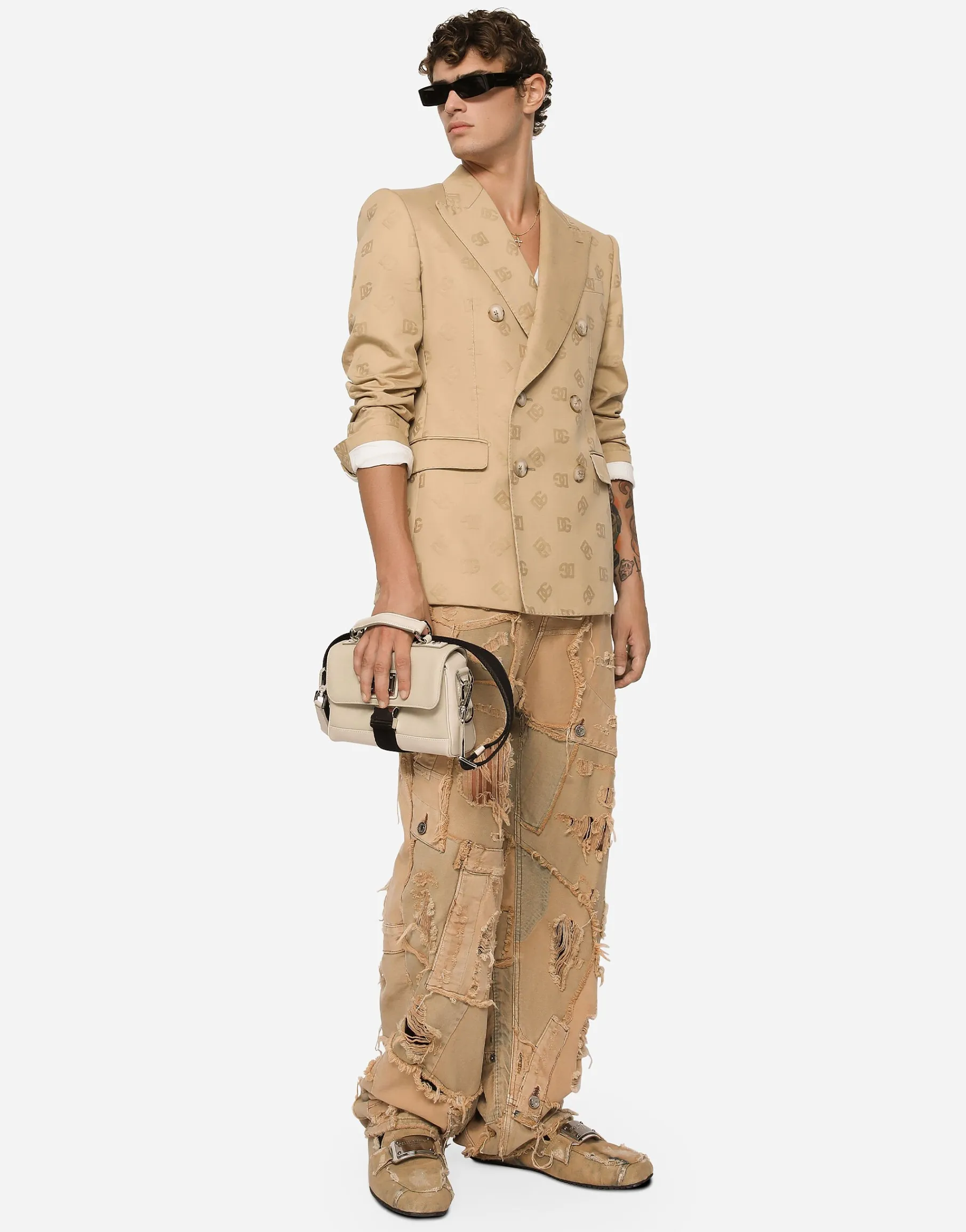 Tailored double-breasted cotton jacket with jacquard DG details