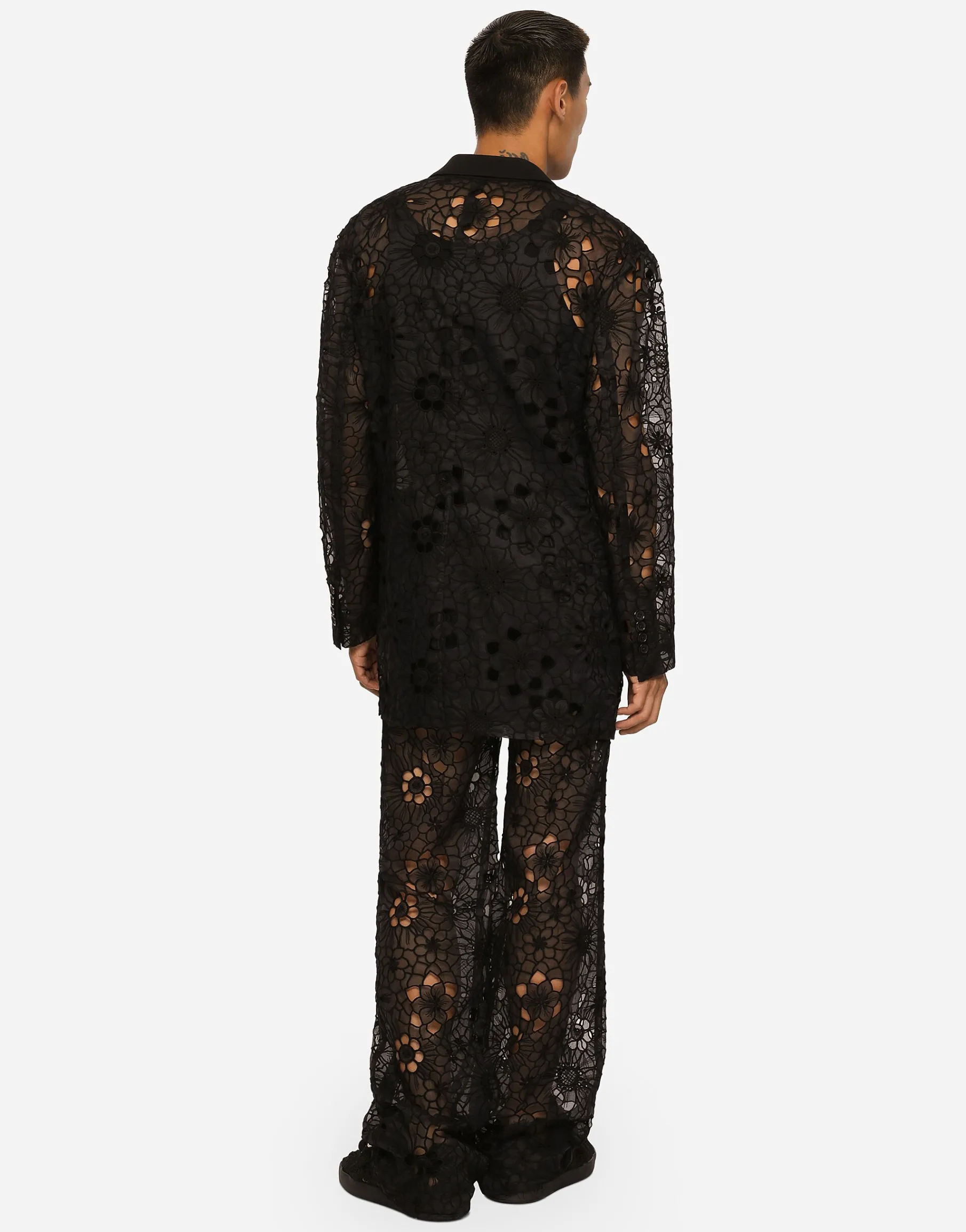 Tailored stretch broderie anglaise pants