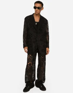 Tailored stretch broderie anglaise pants